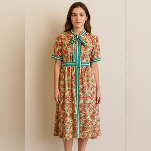 Migeer Vintage Style Floral Midi Dress M/L Bow Tie Neck Retro Prairie Cottage...